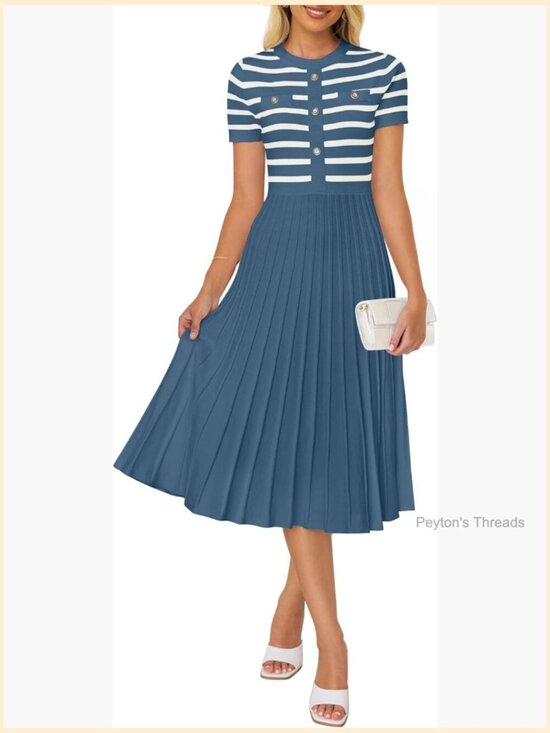 Dresses & Skirts - Striped Crewneck Short Sleeve Midi A-Line Pleated Swing Dress